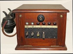 Wood cased multiple Signal Box Telephone selector measuring 10in x 8in x 9in with 4 central toggle