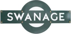 Reproduction Southern Railway enamel Target SWANAGE produced by trackside, mounted on a wooden