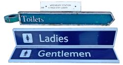 Cast iron TOILETS sign together with a small plastic plate WRENBURY and a pair of screen printed