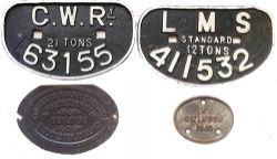 Wagon Plates comprising: GWR D Type 21 Tons 63155; LMS D Type 12 Tons 411532; brass Gloucester