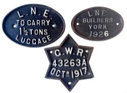 LNER cast iron Coach Plate To Carry 1.5 Tons Luggage. Together with a LNE Builders York 1926 and a