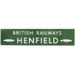 BR(S) enamel railway station entrance sign BRITISH RAILWAYS HENFIELD with two totems either end.