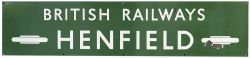 BR(S) enamel railway station entrance sign BRITISH RAILWAYS HENFIELD with two totems either end.