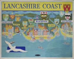 Original poster artwork Lancashire Coast by Kerry Lee. Gouache on hardboard with card name overlays.