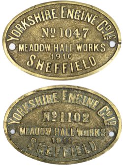 Worksplates a pair. YORKSHIRE ENGINE Co LTD MEADOW HALL WORKS No 1047 1910 and YORKSHIRE ENGINE Co