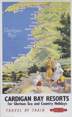 Poster BR(W) CARDIGAN BAY RESORTS FOR GLORIOUS SEA AND COUNTRY HOLIDAYS by Harry Riley. Double Royal