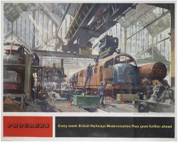 Poster BR(W) PROGRESS by Terence Cuneo. A view of Swindon Works with a Warship Diesel Hydraulic on