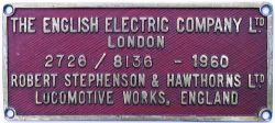 Worksplate THE ENGLISH ELECTRIC COMPANY LTD. LONDON. ROBERT STEPHENSON & HAWTHORNS LTD. LOCOMOTIVE
