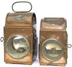 A pair of Great Eastern Railway Fire Engine Lamps, copper and brass, one stamped GER and the other