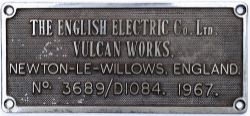 Worksplate THE ENGLISH ELECTRIC Co. LTD. VULCAN WORKS, NEWTON-LE-WILLOWS, ENGLAND. No. 3689/D1084.