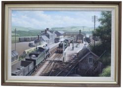 Original oil painting Dulverton Station by Don Breckon painted in 1986 depicting a busy scene with