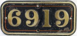 GWR brass cabside numberplate 6919 ex Collett Hall 4-6-0 built at Swindon in 1941 and named TYLNEY