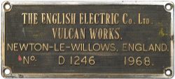 Worksplate THE ENGLISH ELECTRIC CO LTD, VULCAN WORKS, NEWTON-LE-WILLOWS, ENGLAND No. D.1246. 1968.