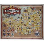 Poster BR(W) SOMERSET by Bowyer. A pictorial map showing all the major towns and places of interest.