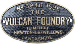 Worksplate THE VULCAN FOUNDRY (LIMITED) NEWTON-LE-WILLOWS LANCASHIRE No 3848 1925 ex LMS Fowler 4P