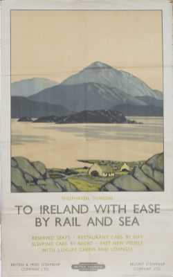 Poster BR(M) SHEEPHAVEN DONEGAL TO IRELAND WITH EASE BY RAIL AND SEA by Paul Henry. Double Royal