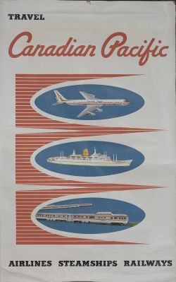 Poster TRAVEL CANADIAN PACIFIC AIRLINES STEAMSHIP RAILWAY issued in 1961. Double royal 25in x