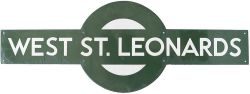 Southern Railway enamel target station sign WEST ST LEONARDS from the former South Eastern and