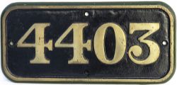 Great Western Railway brass cabside numberplate 4403 ex Churchward 2-6-2T built at Wolverhampton