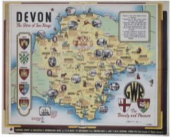 Poster GWR DEVON THE SHIRE OF SEA KINGS by J.P.Sayer. A pictorial map of the County with all the
