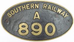 Cabside numberplate, SOUTHERN RAILWAY A 890 ex SECR Maunsell U 2-6-0 built at Ashford in 1928. Re