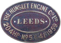 Worksplate THE HUNSLET ENGINE Co. LTD. LEEDS. 204 H.P. No. 5641 – 1959. Ex British Railways Class 05