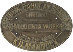 Worksplate ANDREW BARCLAY SONS & CO CALEDONIA WORKS KILMARNOCK No 1876 1925 ex 0-4-0 Fireless