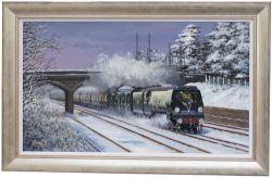 Original oil painting by Barry Price painted in 2023 of SR Bullied Merchant Navy 35028 Clan Line