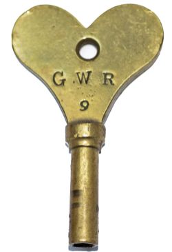 Great Western Railway brass clock winding key. Stamped GWR and 9. A rare item as not many original