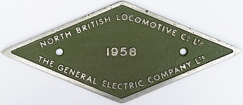 Cab makers plate NORTH BRITISH LOCOMOTIVE CO LTD 1958 THE GENERAL ELECTRIC COMPANY LTD ex British