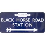 BR(E) FF enamel station direction sign BLACK HORSE ROAD STATION with British Railways totem and