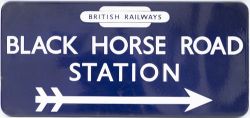 BR(E) FF enamel station direction sign BLACK HORSE ROAD STATION with British Railways totem and