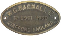 Worksplate W. G. BAGNALL LTD ENGINEERS STAFFORD ENGLAND No 2961 1950 ex 0-4-0ST. Supplied new to