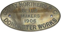 Worksplate GREAT NORTHERN RY CO MAKERS DONCASTER WORKS No 1116 1906 ex GNR Ivatt Class C1 4-4-2