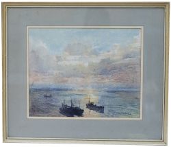 Original watercolour painting of a Cornish Sunset with fishing boats by Jack Merriott produced for