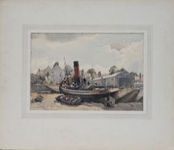 Original watercolour painting of a Thames Tug at low tide by H. Denham produced for the British