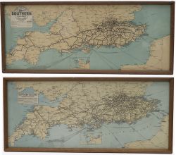 Carriage prints x 2 SOUTHERN RAILWAY GENERAL SYSTEM MAP. In good condition with some light water