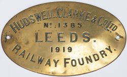 Worksplate HUDSWELL CLARKE & CO LTD LEEDS No 1385 1919 ex 0-6-0 ST. Supplied new to the Bury