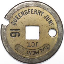 Tyers No 1 steel and brass single line tablet, QUEENSFERRY JUNC - DALMENY JCT. Measures 4.875in