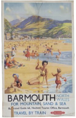 Poster BR(W) BARMOUTH NORTH WALES FOR MOUNTAIN, SAND & SEA by Harry Riley. Double Royal 25in x 40in.