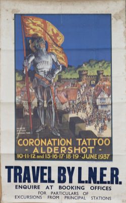 Poster LNER CORONATION TATOO ALDERSHOT TRAVEL BY LNER by Ernest Ibbetson issued in 1937. Double