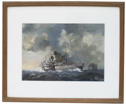 Original gouache painting of a Southern Railway Paddle Steamer of Portsmouth by Leslie Carr produced