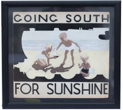 Original gouache artwork Going South For Sunshine, artist unknown, produced for the Southern Railway