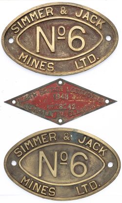 A pair of cabside numberplates SIMMER & JACK MINES LTD No6, oval cast brass in as removed