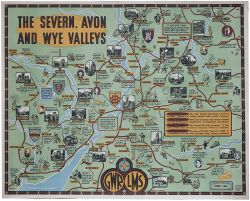 Poster GWR & LMS THE SEVERN, AVON AND WYE VALLEYS by J.P.Sayer. A pictorial map showing all the
