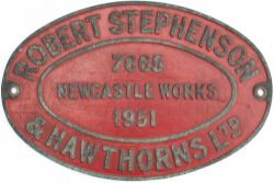 Worksplate ROBERT STEPHENSON & HAWTHORNS LTD NEWCASTLE WORKS 7665 1951 ex 0-4-0 Fireless.