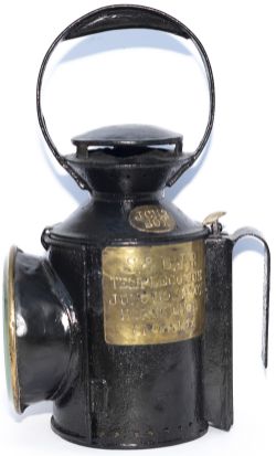 Midland Railway small pattern 3 aspect handlamp. Brass plated on the side S&DJR TEMPLECOMBE JUNCTION