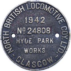 Worksplate NORTH BRITISH LOCOMOTIVE COY LTD HYDE PARK WORKS GLASGOW No 24808 1942 ex LMS Stanier