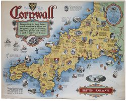Poster BR(W) CORNWALL by J.P.Sayer. A pictorial map of the County with all the major towns and