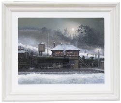 Original oil painting by Philip Shepherd RWS GRA painted in 2003 Freight Snow And Steam depicting